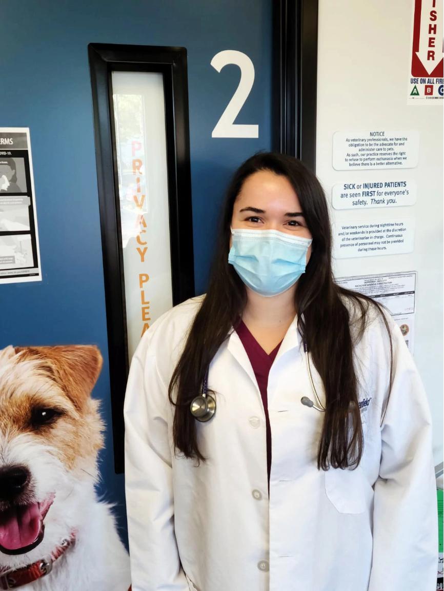 A young female veterinarian and a dog at the Banfield Pet Hospital