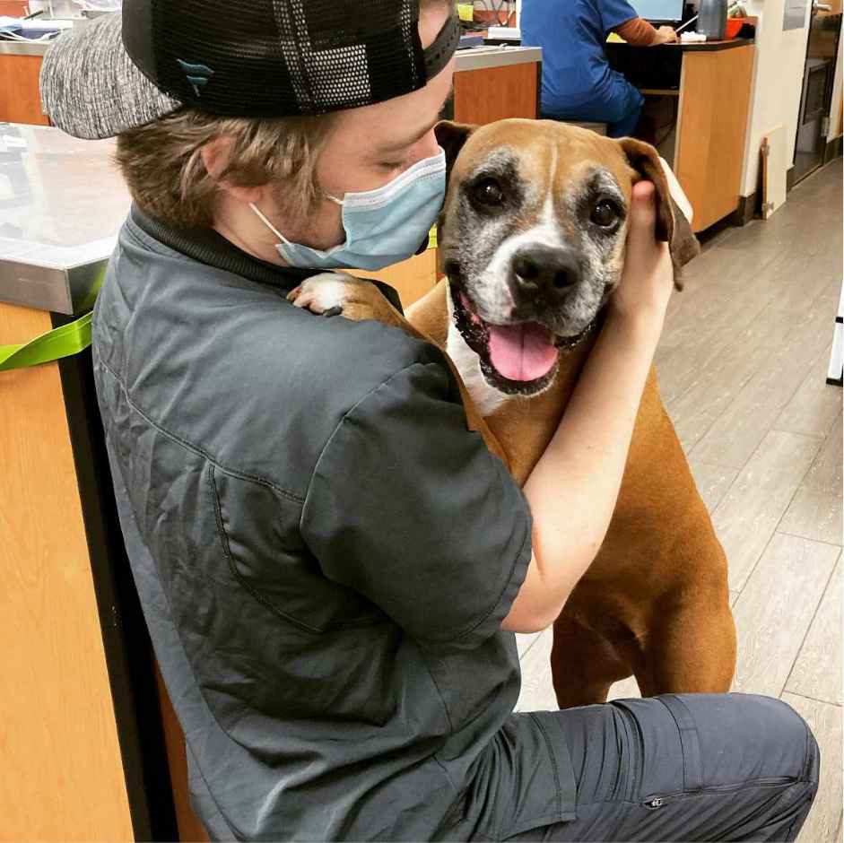 A male associate holding a dog at the Banfield Pet Hospital, Austin S, TX