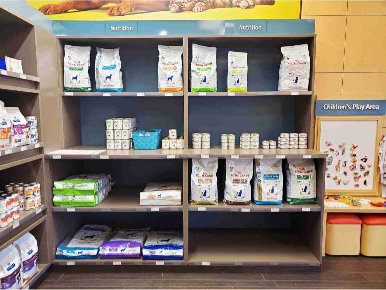 The pet food supplies section at the Banfield Pet Hospital