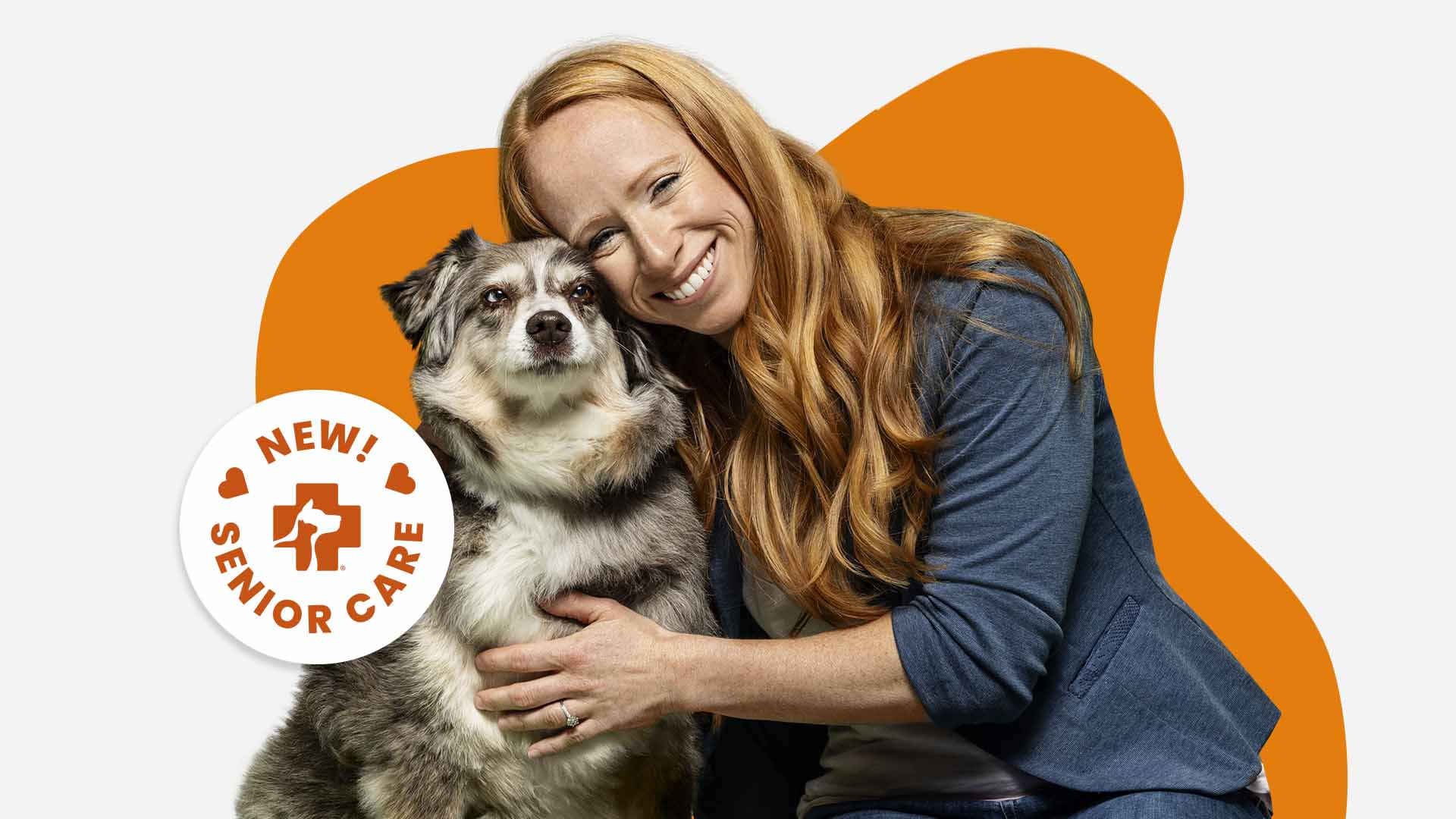 20250423_033 A woman hugging her dog promoting new Banfield Senior Care Optimum Wellness Plans