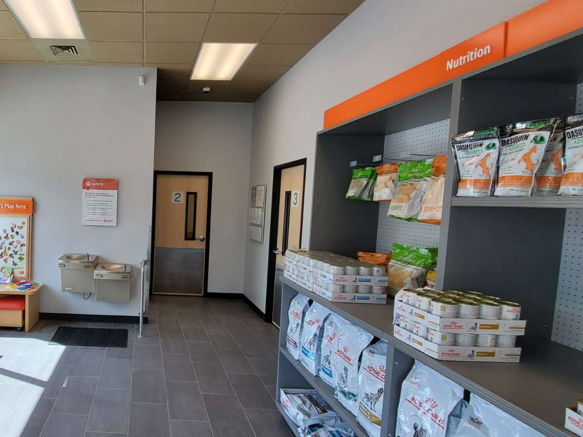 Supply shelves and the front desk at the East Myrtle Beach Banfield hospital
