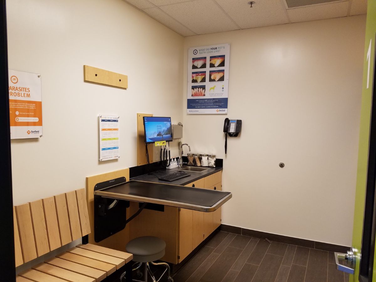 A view of the Banfield - Fort Worth Trinity Commons exam room and folding table