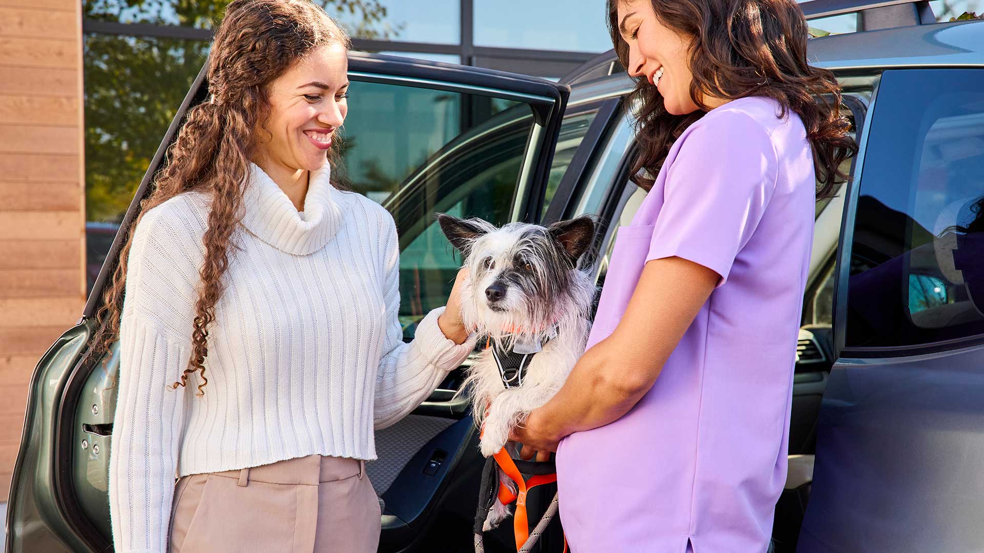 A CVT holding a small dog ready to hand it off to its owner