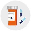 Icon of a pharmacy bottle and medication showing in-house pharmacy