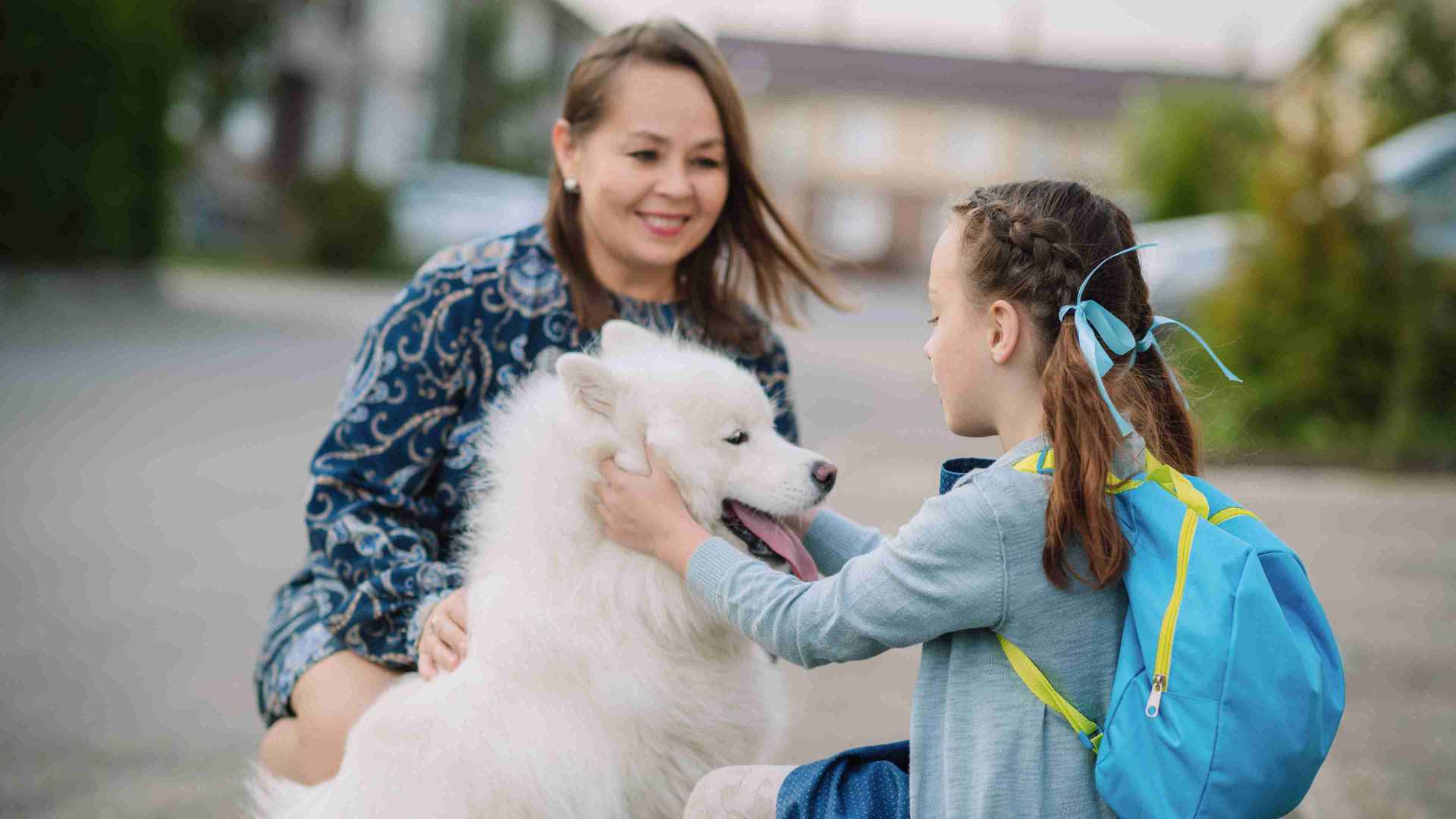 A fluffy white dog being pet by a mother and child