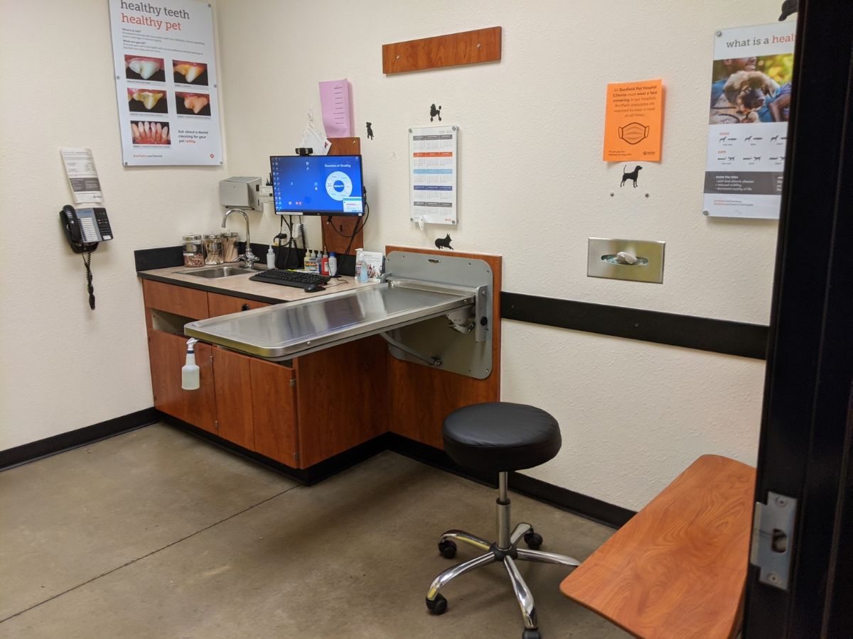 A view inside the East Brunswick Banfield exam room and folding table