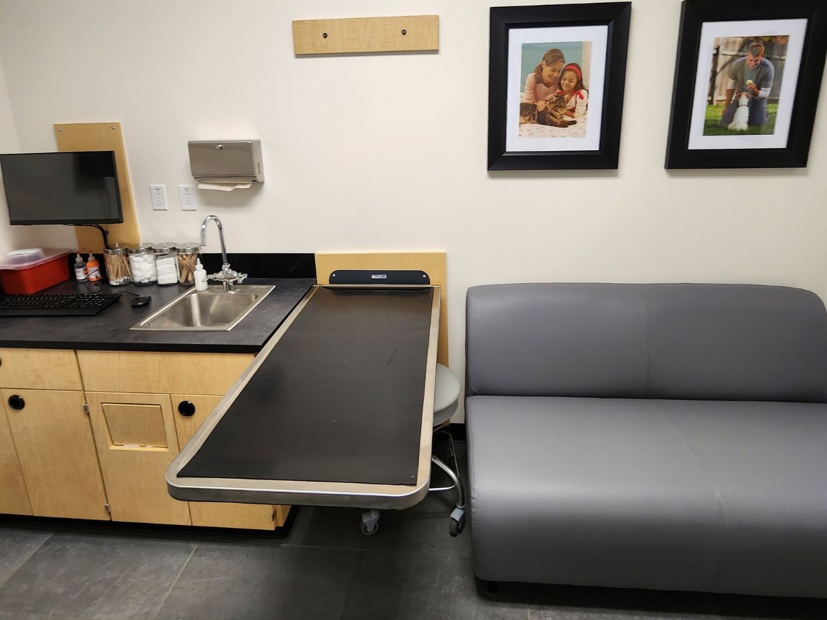 A view inside a Brick FedEx Plaza Banfield hospital exam room