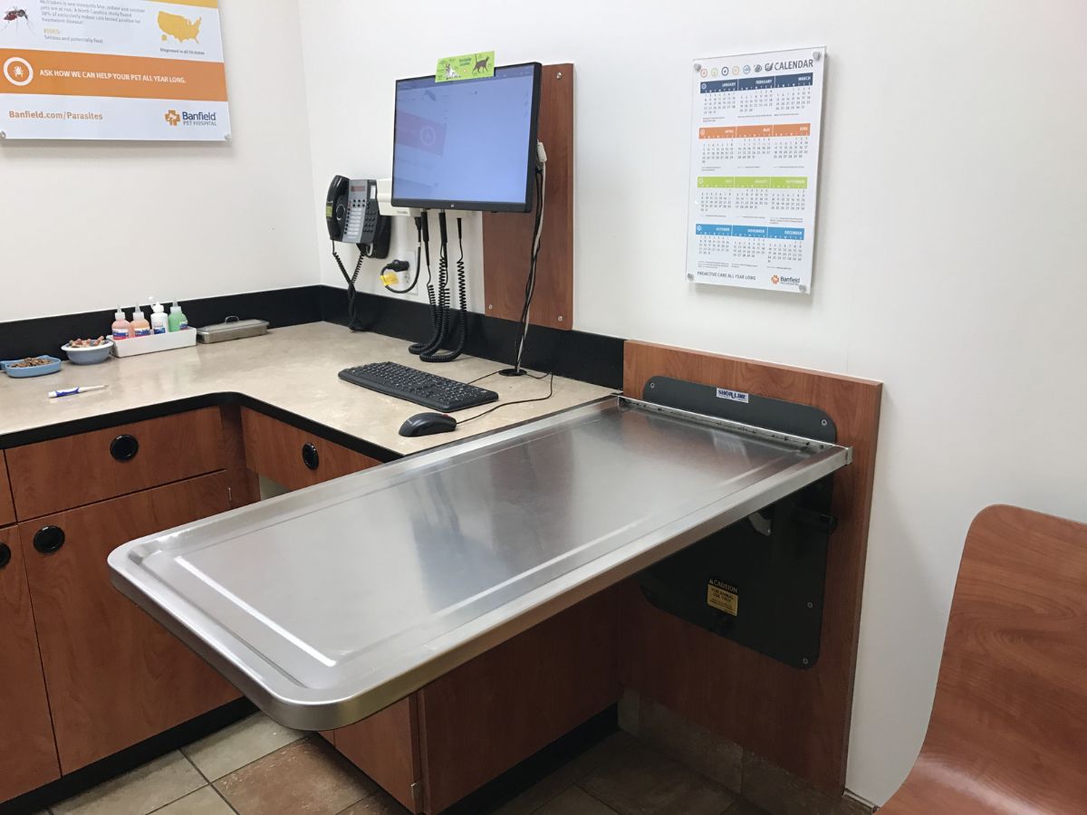 A view inside a Banfield - Latham hospital exam room and folding table