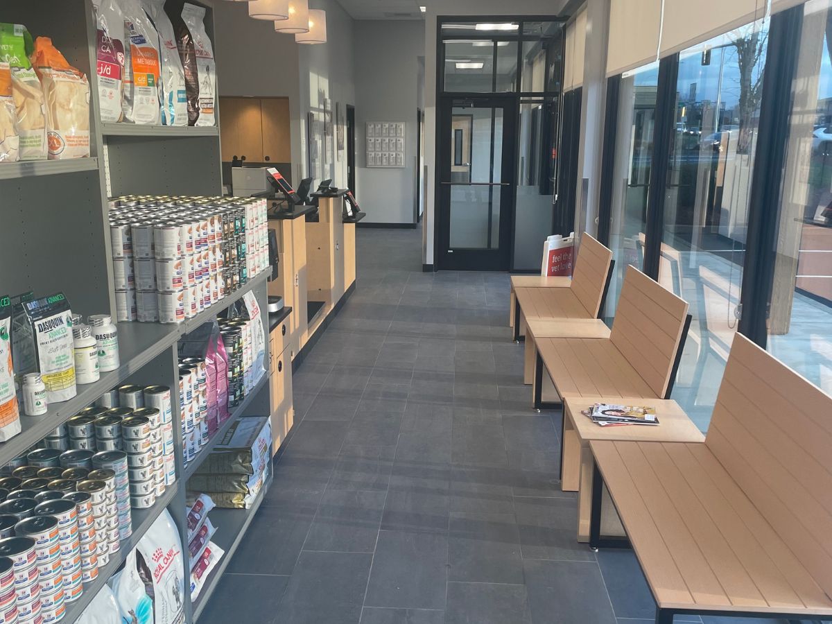 The front lobby and supply shelves inside the Banfield - Hillsboro Tanasbourne hospital