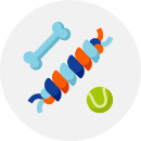 An image of a set of dog toys that include a toy bone and tennis ball