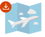 An illustration of a flying plane with an orange download icon