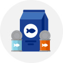 Illustration of fish on cans and bags of food indicating diet and nutrition