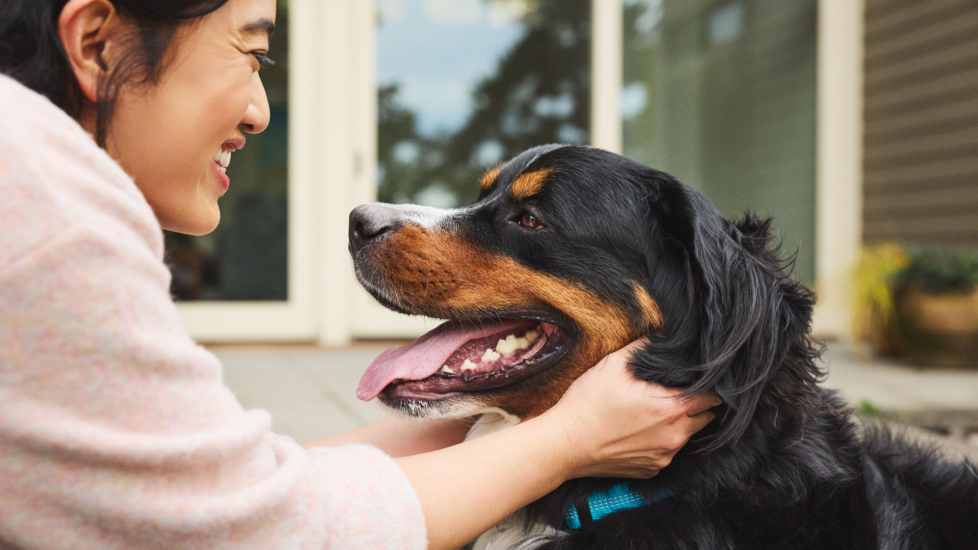 A woman smiling and petting her dog