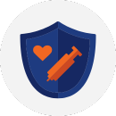 An illustrated icon of a blue shield with an orange syringe