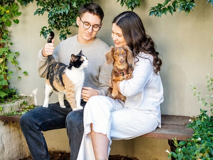 A man and woman sitting together holding a cat and a dog