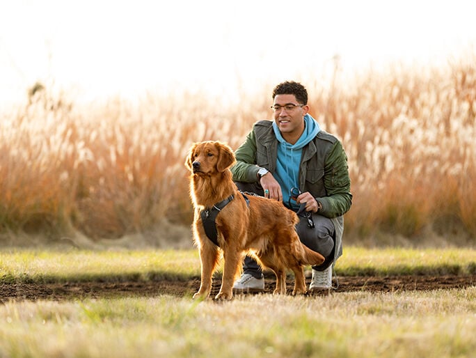 brown dog with owner on field