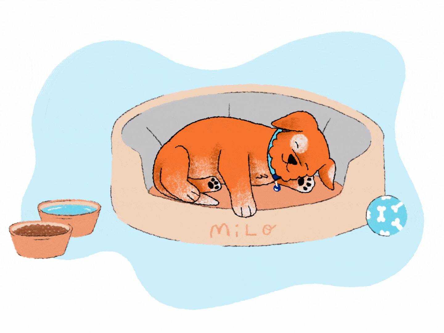 orange puppy sleeping bed illustration