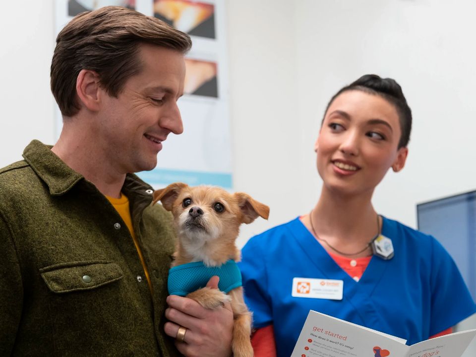 man holds dog talks veterinarian