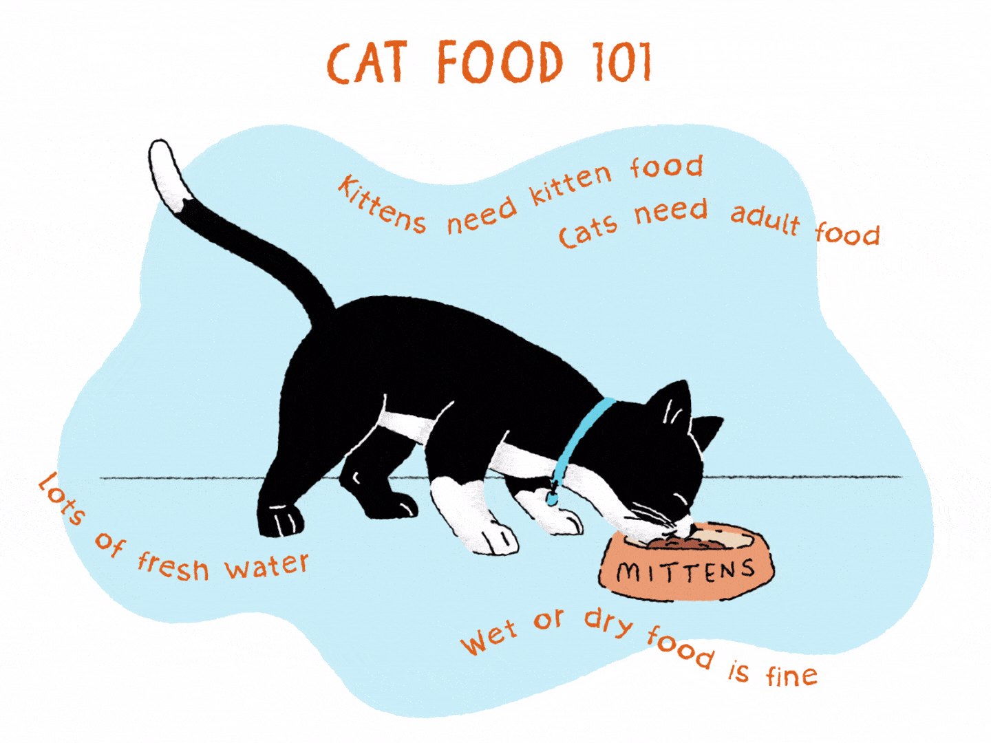 black cat eats bowl illustration