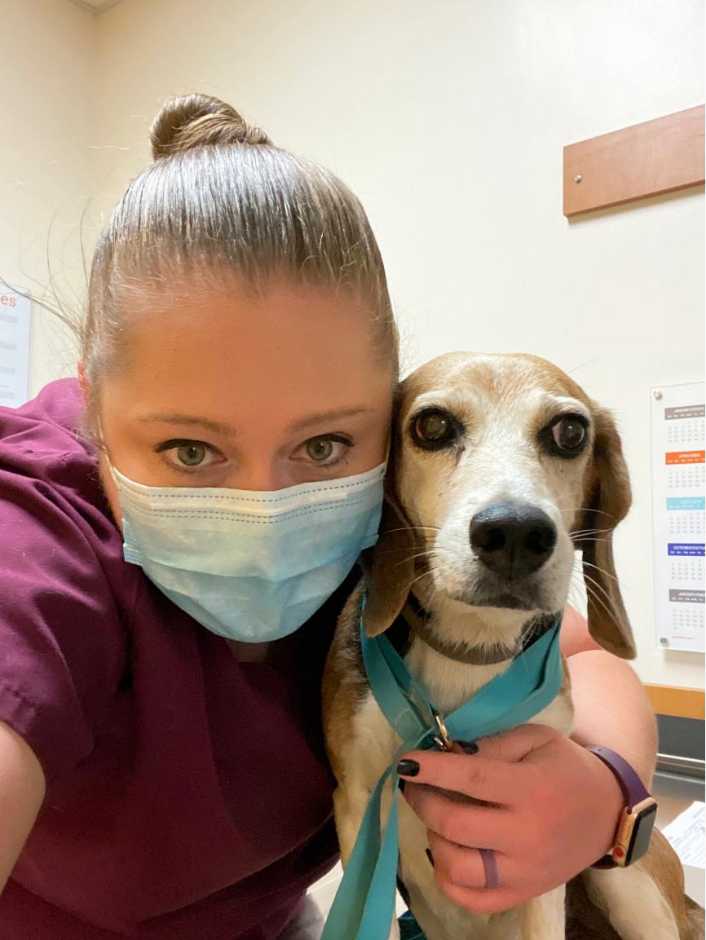 Selfie of a female veterinarian and a dog at the Banfield Pet Hospital