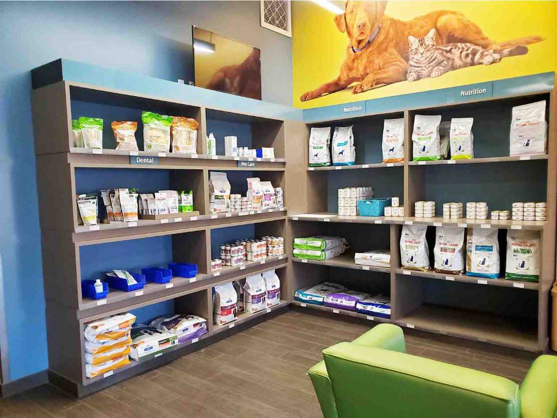 The pet food supplies section at the Banfield Pet Hospital