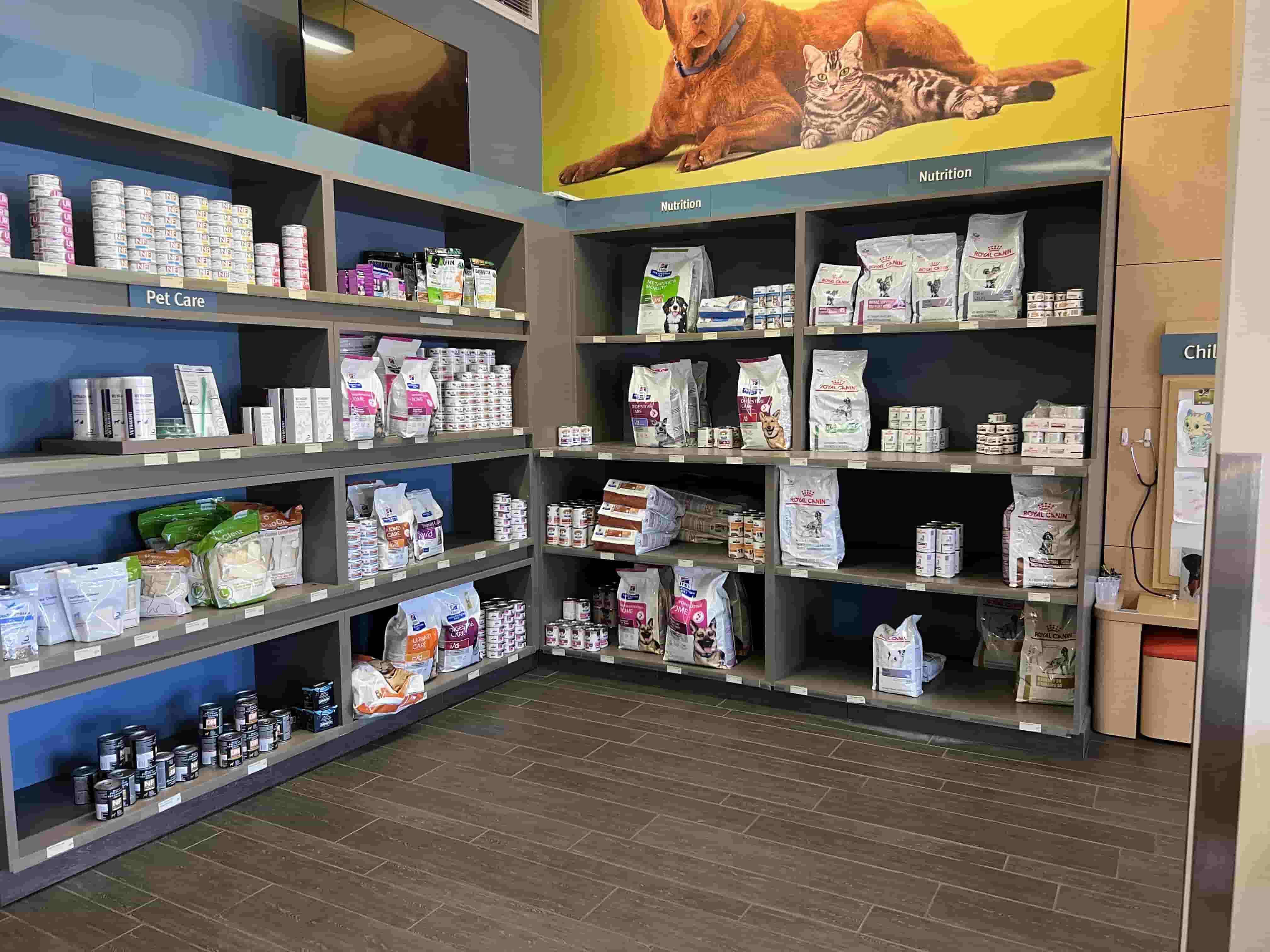 Shelves of pet food at the Herndon Banfield location